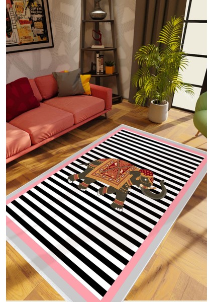 Salon Halısı Modern Figürlü Fil Pembe Siyah Beyaz Kaydırmaz Kesme Yıkanabilir Ince Halı Tüysüz Kilim
