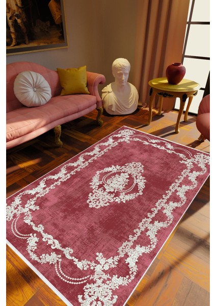 Salon Halısı Klasik Eskitme Bordo Kaydırmaz Kesme Yıkanabilir Ince Halı Tüysüz Kilim