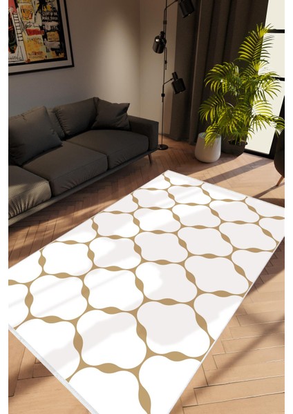 Salon Halısı Modern Geometrik Kahverengi Krem Kaydırmaz Kesme Yıkanabilir Ince Halı Tüysüz Kilim