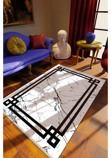 Klasik Beyaz Dijital Baskı Halı Kaydırmaz Ince Yıkanabilir