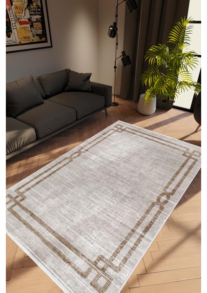 Salon Halısı Modern Çizgili Kahverengi Açık Gri Kaydırmaz Kesme Yıkanabilir Ince Halı Tüysüz Kilim