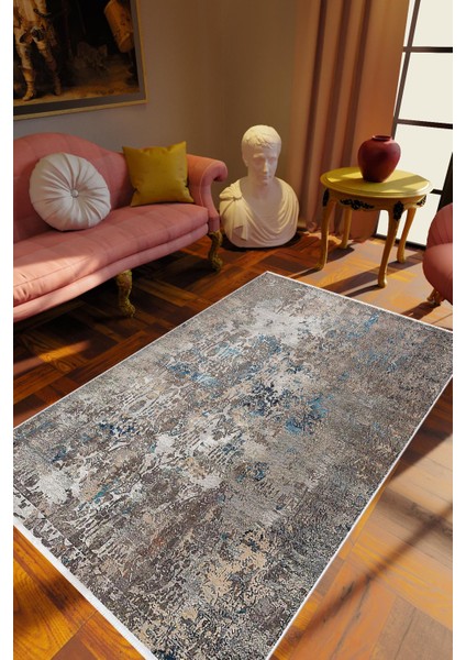 Salon Halısı Klasik Eskitme Gri Mavi Kaydırmaz Kesme Yıkanabilir Ince Halı Tüysüz Kilim