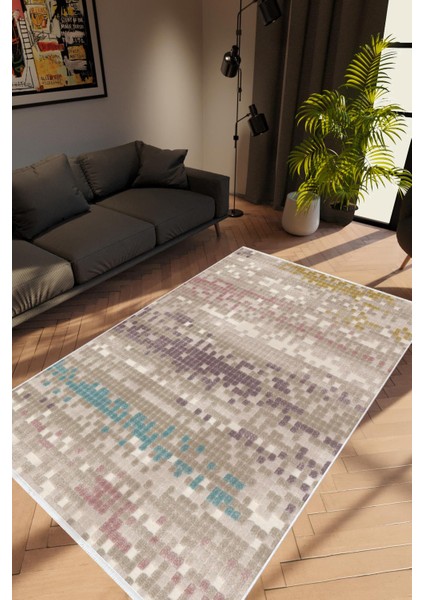 Salon Halısı Modern Eskitme Ekru Kaydırmaz Kesme Yıkanabilir Ince Halı Tüysüz Kilim