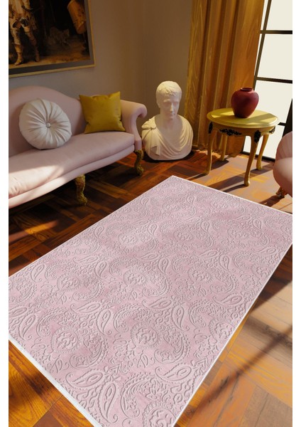 Salon Halısı Klasik Pembe Kaydırmaz Kesme Yıkanabilir Ince Halı Tüysüz Kilim