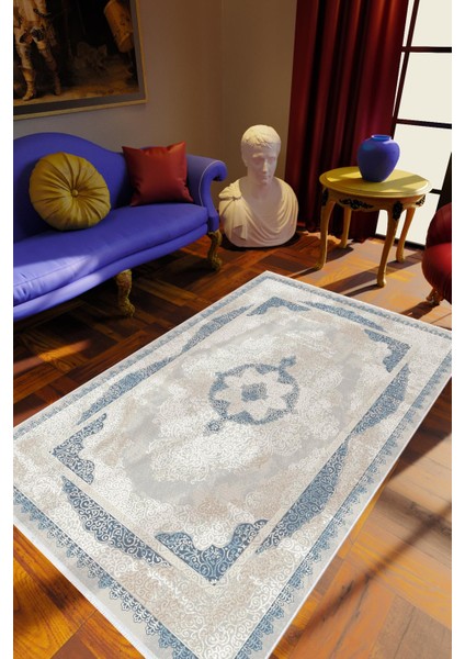 Salon Halısı Klasik Gri Beyaz Mavi Kaydırmaz Kesme Yıkanabilir Ince Halı Tüysüz Kilim