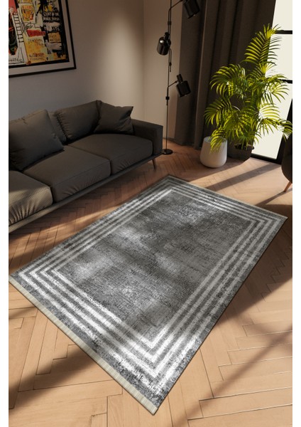 Modern Eskitme Gri Dijital Baskı Halı Kaydırmaz Ince Yıkanabilir