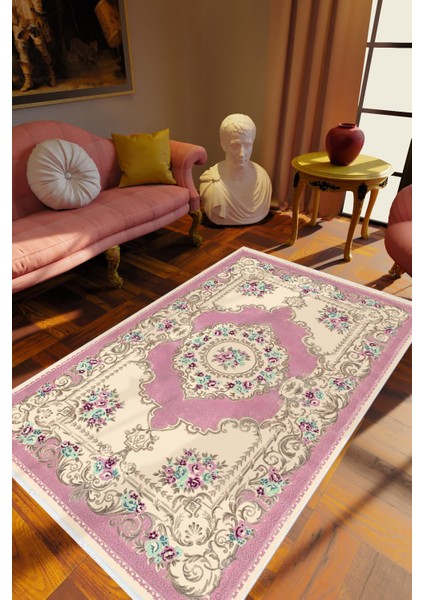 Salon Halısı Figürlü Çiçekli Pembe Ekru Kaydırmaz Kesme Yıkanabilir Ince Halı Tüysüz Kilim