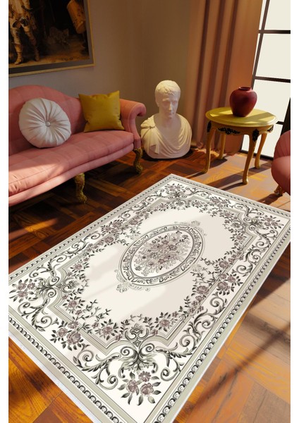 Salon Halısı Figürlü Çiçekli Kilim Motifli Gri Kaydırmaz Kesme Yıkanabilir Ince Halı Tüysüz Kilim
