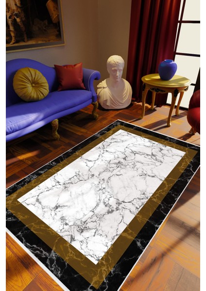 Salon Halısı Eskitme Geometrik Mermer Kahverengi Beyaz Siyah Kaydırmaz Yıkanabilir Ince Halı