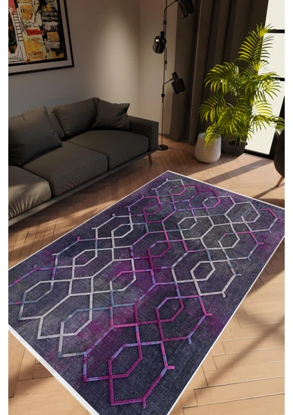 10 Post Online Salon Halısı Modern Geometrik Mor Krem Kaydırmaz Kesme Yıkanabilir Ince Halı Tüysüz Kilim