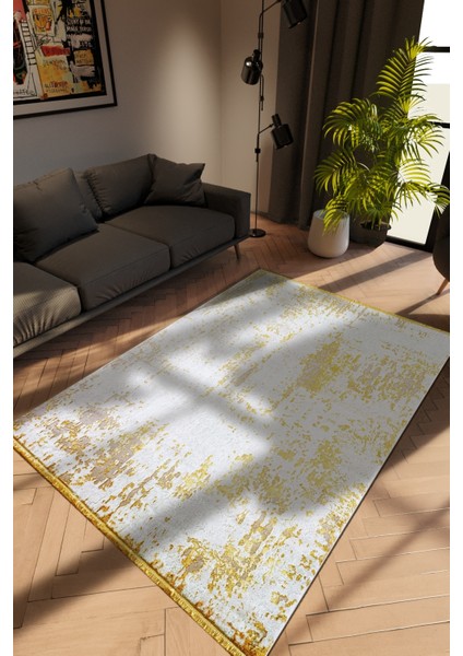 Modern Eskitme Sarı Dijital Baskı Halı Kaydırmaz Ince Yıkanabilir
