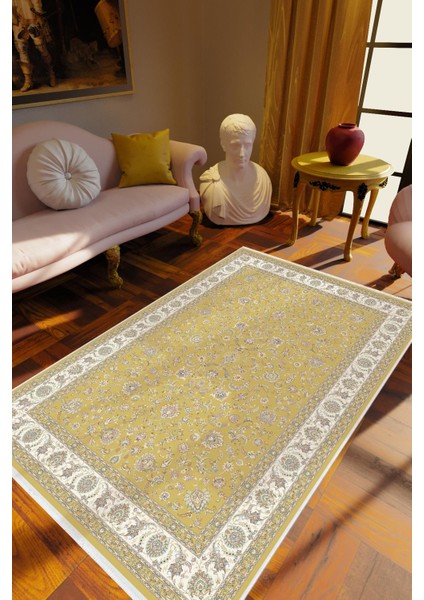 Salon Halısı Eskitme Klasik Sarı Kahverengi Kaydırmaz Kesme Yıkanabilir Ince Halı