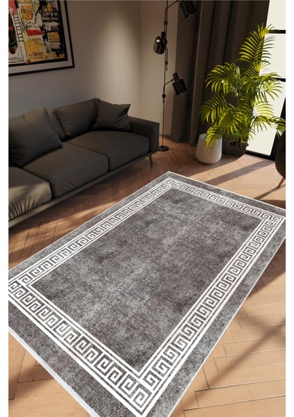 Salon Halısı Doku Eskitme Siyah Gri Kaydırmaz Kesme Yıkanabilir Ince Halı Tüysüz Kilim