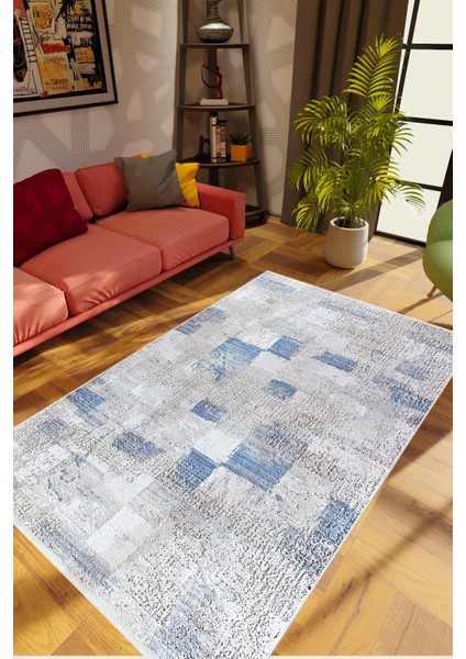 Salon Halısı Modern Eskitme Gri Mavi Kaydırmaz Kesme Yıkanabilir Ince Halı Tüysüz Kilim