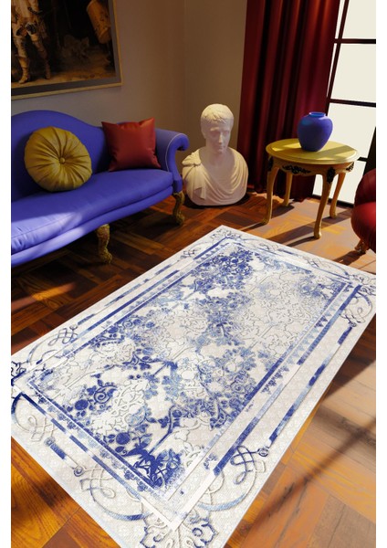 Salon Halısı Klasik Lacivert Mavi Kaydırmaz Kesme Yıkanabilir Ince Halı Tüysüz Kilim