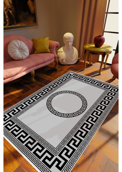 Salon Halısı Klasik Gri Siyah Kaydırmaz Kesme Yıkanabilir Ince Halı Tüysüz Kilim
