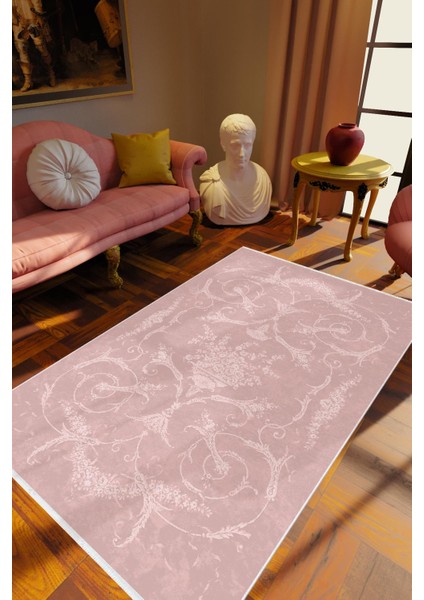 Salon Halısı Klasik Pembe Kaydırmaz Kesme Yıkanabilir Ince Halı Tüysüz Kilim