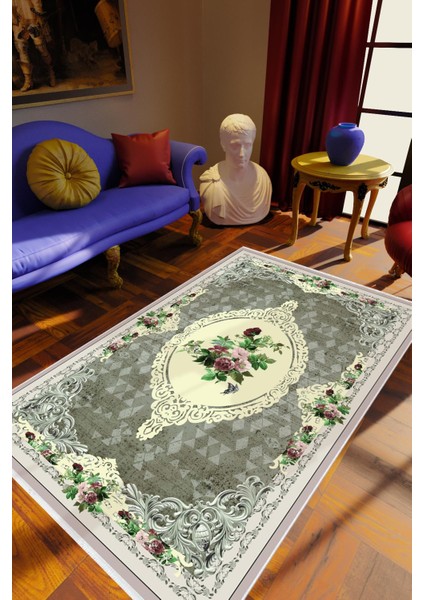 Salon Halısı Çiçekli Gül Kilim Motifi Yeşil Kaydırmaz Yıkanabilir Ince Halı Tüysüz Kilim