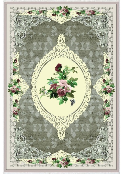 Salon Halısı Çiçekli Gül Kilim Motifi Yeşil Kaydırmaz Yıkanabilir Ince Halı Tüysüz Kilim