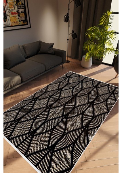 Salon Halısı Modern Geometrik Siyah Krem Kaydırmaz Kesme Yıkanabilir Ince Halı Tüysüz Kilim