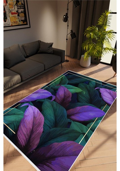 Salon Halısı Figürlü Çiçekli Yaprak Desen Yeşil Mor Kaydırmaz Yıkanabilir Ince Halı Tüysüz Kilim