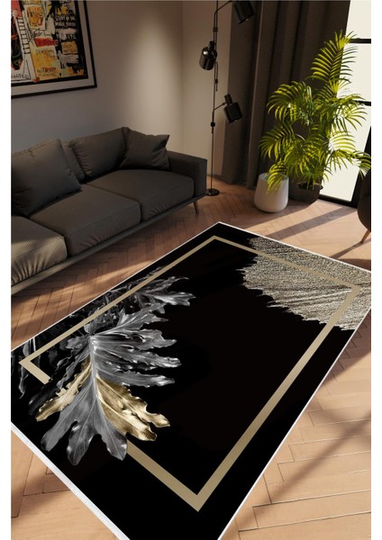 Salon Halısı Çiçekli Gümüş Siyah Anstrasit Kaydırmaz Yıkanabilir Ince Halı Tüysüz Kilim