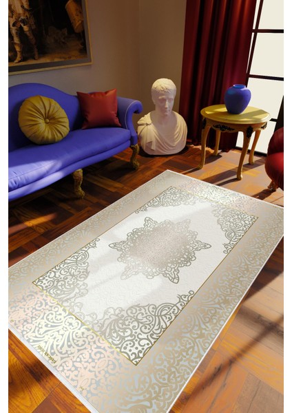 Salon Halısı Klasik Gold Tema Altın Bej Gümüş Kaydırmaz Kesme Yıkanabilir Ince Halı Tüysüz Kilim