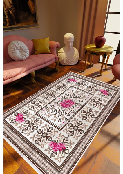Salon Halısı Çiçekli Pembe Ekru Kahverengi Kaydırmaz Yıkanabilir Ince Halı Tüysüz Kilim