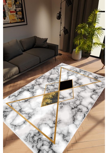 Salon Halısı Modern Geometrik Gold Gri Altın Siyah Kaydırmaz Yıkanabilir Ince Halı Tüysüz Kilim