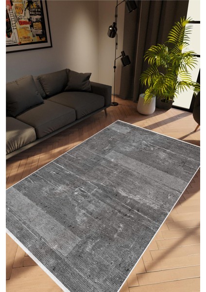 Salon Halısı Modern Eskitme Siyah Anstrasit Kaydırmaz Kesme Yıkanabilir Ince Halı Tüysüz Kilim