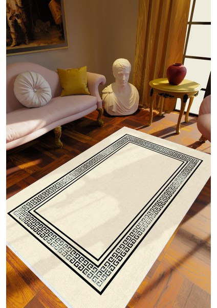 Salon Halısı Klasik Bej Gri Siyah Kaydırmaz Kesme Yıkanabilir Ince Halı Tüysüz Kilim
