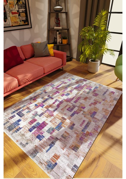Modern Çizgili Karışık Renkli Dijital Baskı Halı Kaydırmaz Ince Yıkanabilir