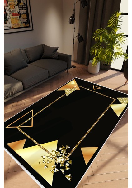 Salon Halısı Modern Geometrik Altın Siyah Kaydırmaz Kesme Yıkanabilir Ince Halı Tüysüz Kilim