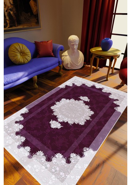 Salon Halısı Klasik Mor Gri Kaydırmaz Kesme Yıkanabilir Ince Halı Tüysüz Kilim