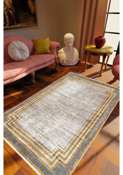 Salon Halısı Klasik Eskitme Altın Gri Kahverengi Kaydırmaz Kesme Yıkanabilir Ince Halı Tüysüz Kilim