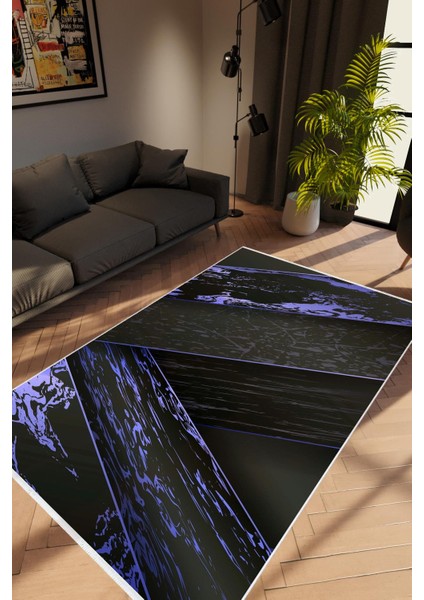 Salon Halısı Modern Mor Siyah Lacivert Kaydırmaz Kesme Yıkanabilir Ince Halı Tüysüz Kilim
