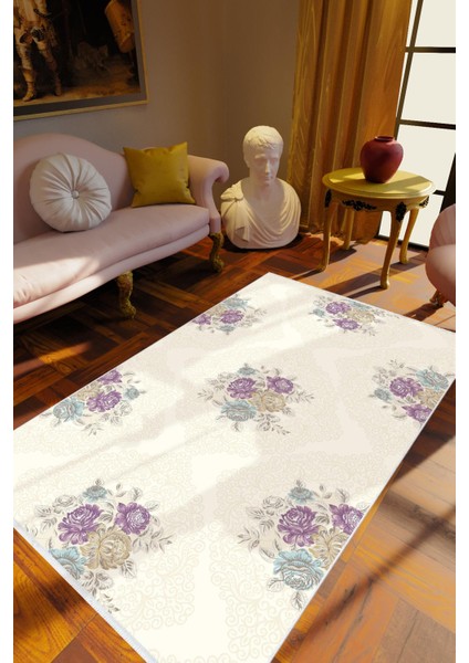 Salon Halısı Figürlü Çiçekli Ekru Kaydırmaz Kesme Yıkanabilir Ince Halı Tüysüz Kilim