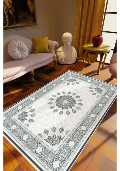 Salon Halısı Klasik Gri Krem Kaydırmaz Kesme Yıkanabilir Ince Halı Tüysüz Kilim