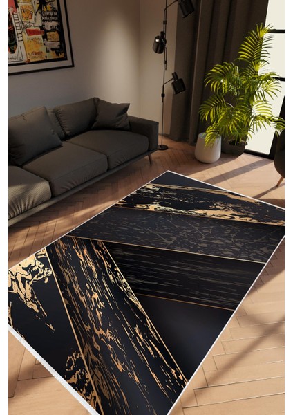 Salon Halısı Modern Metalik Altın Gold Gri Kaydırmaz Kesme Yıkanabilir Ince Halı Tüysüz Kilim