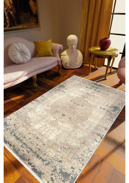 Salon Halısı Klasik Eskitme Kahverengi Beyaz Gri Kaydırmaz Kesme Yıkanabilir Ince Halı Tüysüz Kilim