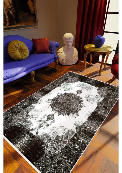 Salon Halısı Klasik Siyah Beyaz Kaydırmaz Kesme Yıkanabilir Ince Halı Tüysüz Kilim