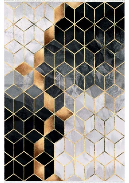 Salon Halısı Modern Geometrik Altın Gri Siyah Kaydırmaz Kesme Yıkanabilir Ince Halı Tüysüz Kilim