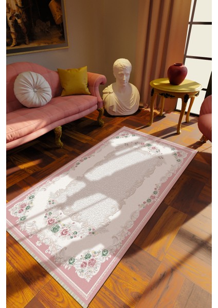 Klasik Pembe Dijital Baskı Halı Kaydırmaz Ince Yıkanabilir
