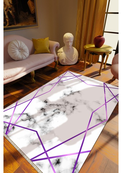 Klasik Geometrik Eflatun Dijital Baskı Halı Kaydırmaz Ince Yıkanabilir