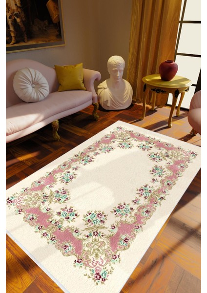 Salon Halısı Figürlü Çiçekli Pembe Beyaz Kaydırmaz Kesme Yıkanabilir Ince Halı Tüysüz Kilim