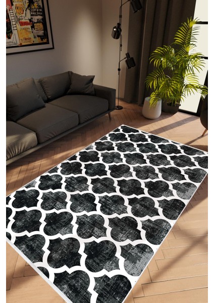 Salon Halısı Modern Geometrik Siyah Krem Kaydırmaz Kesme Yıkanabilir Ince Halı Tüysüz Kilim