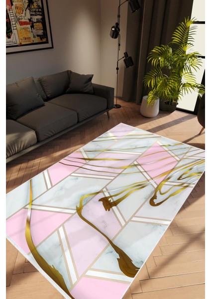 Salon Halısı Taş Mermer Modern Mor Mavi Pembe Metalik Kaydırmaz Yıkanabilir Ince Halı Tüysüz Kilim