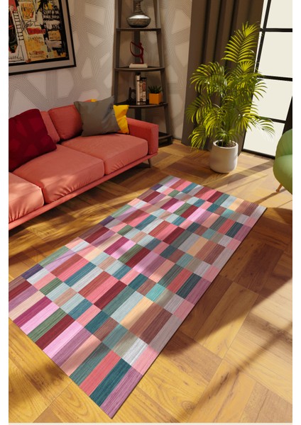 Modern Patchwork Karışık Renkli Dijital Baskı Halı Kaydırmaz Ince Yıkanabilir