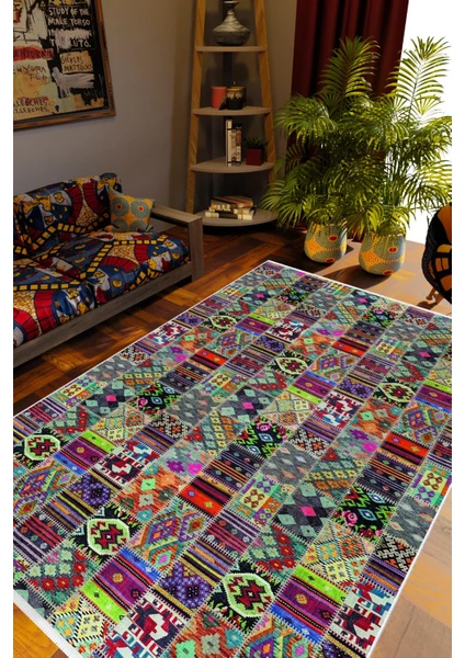 Salon Halısı Kilim Otantik Eskitme Patchwork Yeşil Kaydırmaz Yıkanabilir Ince Halı Tüysüz Kilim