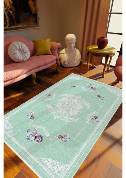 Salon Halısı Figürlü Çiçekli Turkuaz Kaydırmaz Kesme Yıkanabilir Ince Halı Tüysüz Kilim
